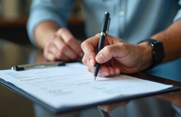 Close-up of man hand signing contract. Businessman holds pen, fills out paperwork. Document, wristwatch detail. Legal form completion, business deal authorization. Terms, conditions agreement.