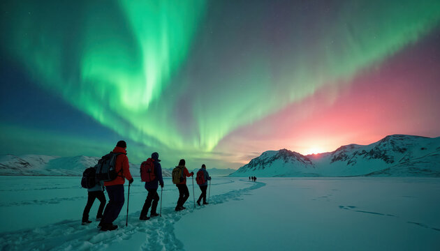 Group of people hikes on snow covered field in arctic region under green aurora borealis lights. Night winter landscape, adventure travel. Northern lights, polar scenery.