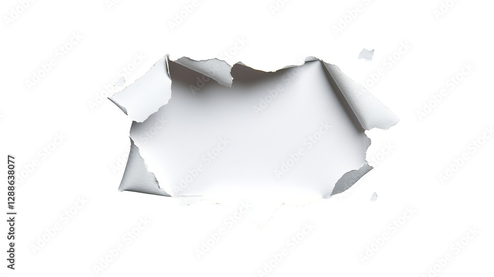 Aufkleber torn hole in white paper, abstract minimalist background texture with copy space for design