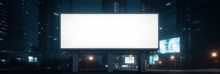 Blank billboard in urban nightscape with illuminated buildings and streetlights