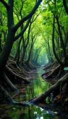 Fototapeta premium Dense mangrove forest with twisted tree trunks and tangled roots, branches, wet