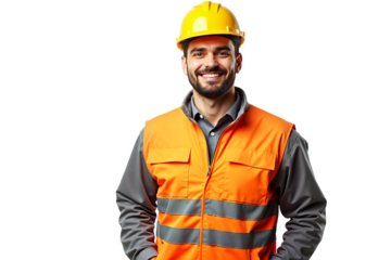 Smiling construction worker wearing helmet and hi-vis jacket isolated on transparent background. Ideal for construction, safety, and industrial websites or banners.