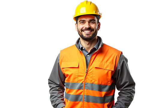 Smiling construction worker wearing helmet and hi-vis jacket isolated on transparent background. Ideal for construction, safety, and industrial websites or banners.