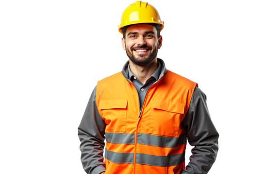 Smiling construction worker wearing helmet and hi-vis jacket isolated on transparent background. Ideal for construction, safety, and industrial websites or banners.