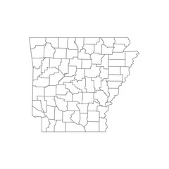 Arkansas, AR - detailed political map of US state. Administrative map divided into counties. Thin blank black outline map. Vector illustration