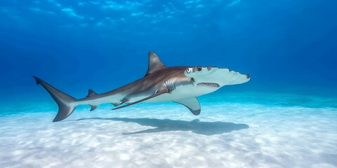 Fototapeta premium Great Hammerhead Shark Ocean Wildlife Underwater Scene Sea Fish Blue Sand Reef White Coral