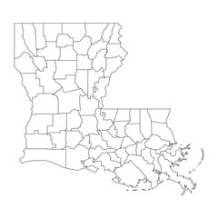 Louisiana, LA - detailed political map of US state. Administrative map divided into counties. Thin blank black outline map. Vector illustration