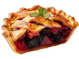 The image showcases a freshly baked mixed berry pie with a golden lattice crust, filled with strawberries, blackberries, blueberries, and raspberries, garnished with fresh mint leaves.