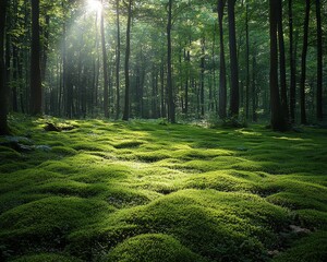 A peaceful forest atmosphere, the forest floor covered in thriving moss with intricate, delicate patterns, casting a soft, verdant glow in the shaded understory