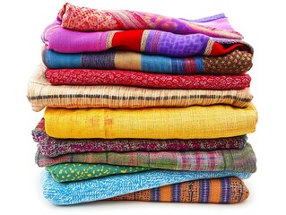 Colorful fabrics stacked on white background