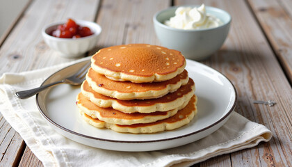 A delicious stack of golden pancakes served with sour cream and strawberry jam on a rustic wooden table, perfect for celebrating Maslenitsa week.