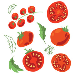 Set of ripe tomatoes. Vegetables. Red tomatoes. Juicy Harvest. Healthy food. Vector on a white background.