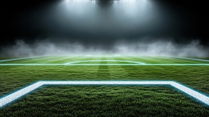 Obraz premium A well-lit football field with vibrant green grass and faint mist, ready for a match under the glow of stadium lights.