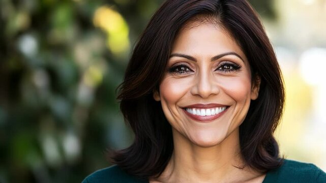 Smiling transgender woman with natural beauty and confidence in an outdoor setting