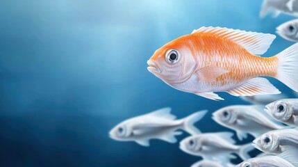 Naklejka premium Orange Fish Swimming Among Silver Fish in Underwater Scene with Soft Blue Background and Gentle Light Reflections