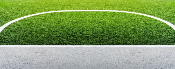 Obraz premium A vibrant green sports field with a curved white line marking the edge, indicating the boundary of play.