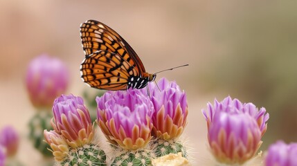 Obraz premium Desert butterfly feeding on purple cactus blooms
