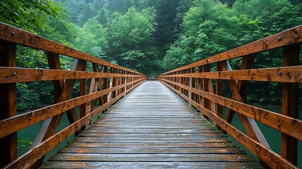 Fototapeta premium Wooden bridge over river, misty forest background, scenic hiking path