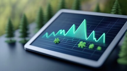 Digital tablet displaying green energy graph amidst miniature trees