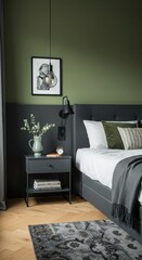 Olive Green Charcoal Guest Room design Scandinavian Industrial decor