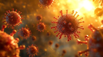 Obraz premium 3D red virus and bacteria particles floating near a towel, vivid details of the particles with a warm, sunny background creating a vibrant, clean atmosphere