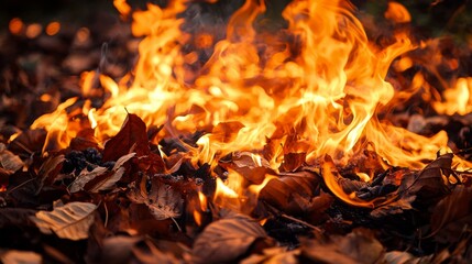 Flames Rising from Dry Leaves in a Forest Environment