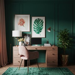 Emerald Green Rose Gold Study Room design Rustic Art Deco decor