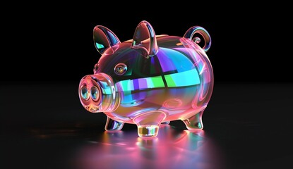 3D render of a colorful glass piggy bank on a black background.