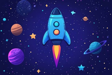 Cartoon Rocket Ship Flying Among Stars and Planets in Space Exploration Adventure Scene Illustration
