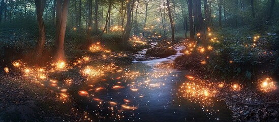 Enchanted forest stream with glowing lights and fish.