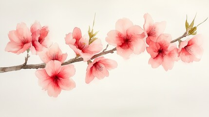 Delicate watercolor painting of pink cherry blossoms on a branch.