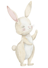 Watercolor illustration of a cute Bunny with soft pastel colors for Baby shower invitations or children greeting cards. Drawing of little animal for kids nursery posters. Art for birthday design