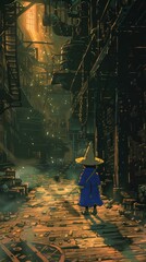 Boy Wizard Journeying Through a Steampunk Cityscape Adventure Featuring Fantasy and Retro Futurism
