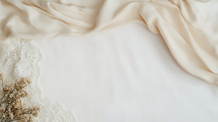 Elegant Cream Silk Fabric Drape with Decorative Lace Border on White Surface