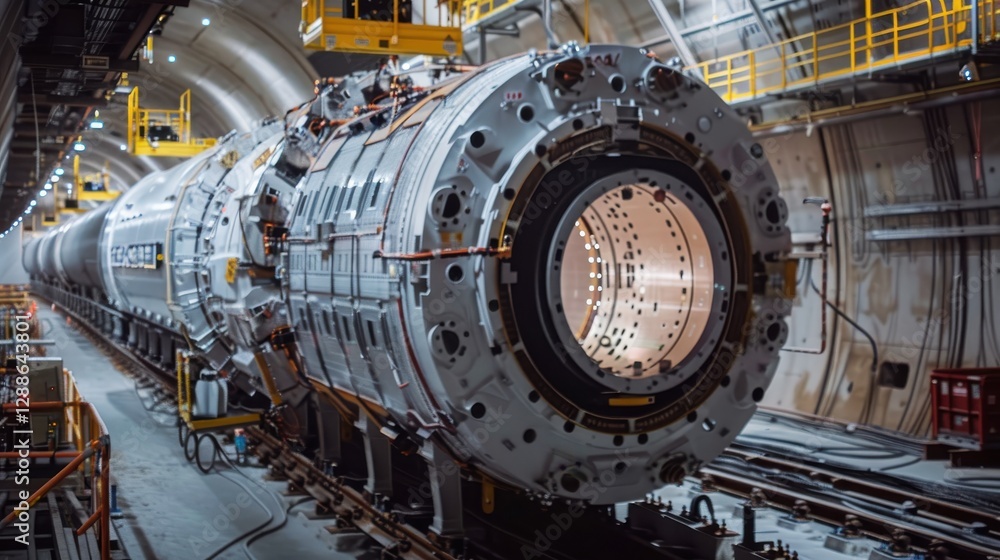 Poster advanced transport technology in a subterranean facility featuring a large circular machine for tunn