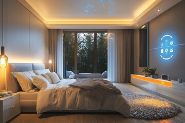 Cozy bedroom in a smart home with AI-augmented reality interfaces controlling lighting, temperature, and security, featuring minimalist design with significant copy space