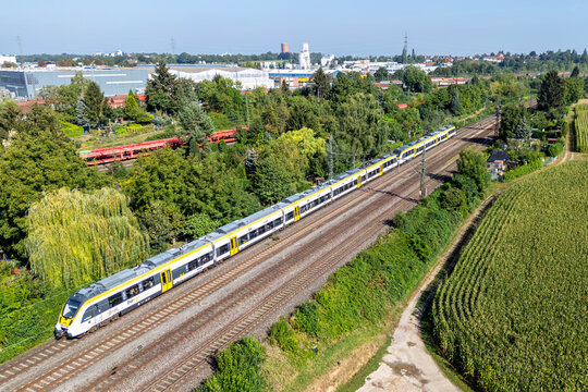 Aerial view of regional train of SWEG type Bombardier Talent 2 in Kornwestheim, Germany