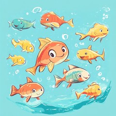 Fototapeta premium Cartoon Fish Delightful Aquatic Scene Cheerful Ocean Life Playful Underwater Creatures Lighthearted Animation