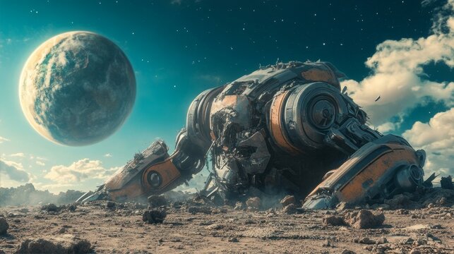 Derelict Spacecraft Remains on Barren Alien World Beneath an Enigmatic Celestial Body in Sky