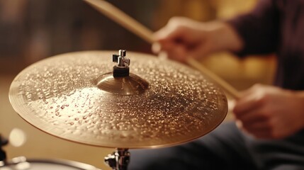 Obraz premium Drummer plays hi-hat cymbal in dimly lit studio