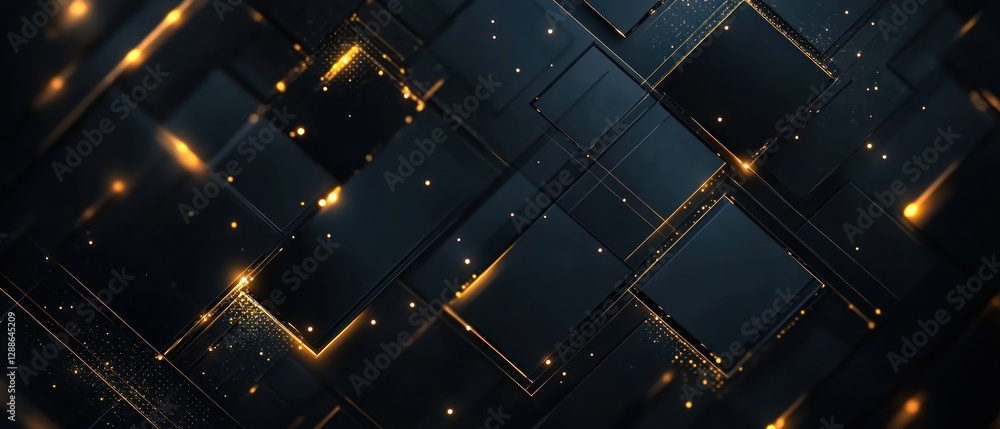 Poster abstract dark background featuring glowing golden squares and geometric patterns