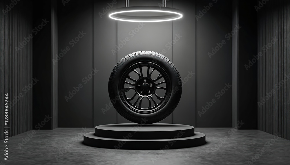 Poster modern minimal showcase with tire on podium on black background. car wheel auto service pattern, bru