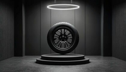 Modern minimal showcase with tire on podium on black background. Car wheel auto service pattern, brutal template. Empty 3d exhibition for product presentation, advertising template and design space.
