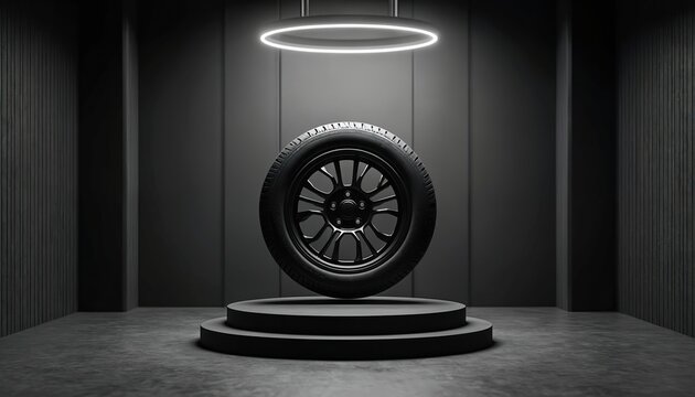 Modern minimal showcase with tire on podium on black background. Car wheel auto service pattern, brutal template. Empty 3d exhibition for product presentation, advertising template and design space.