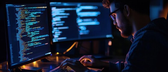 Programmer Working in Dark Mode with Neon Lighting