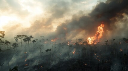 Obraz premium forest fire blazing with smoke billowing into the sky.