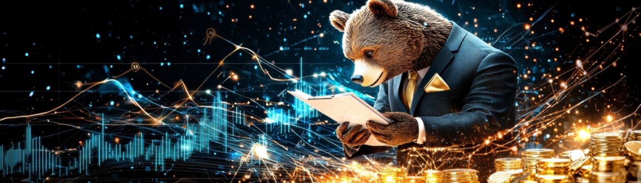 Bear in Suit Reviewing Financial Data and Gold Coins