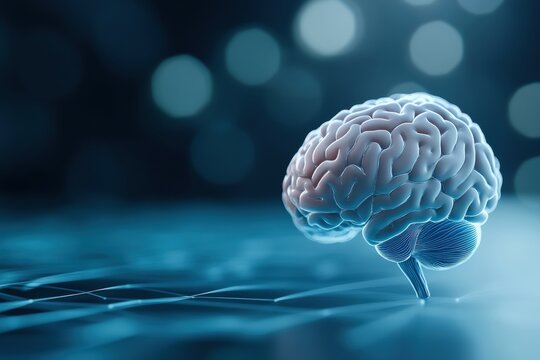 Futuristic digital brain on neon grid background