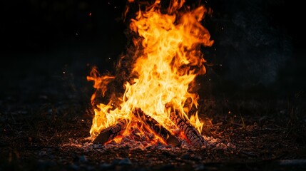 Bright Flames Erupting from a Campfire in a Dark Forest Setting
