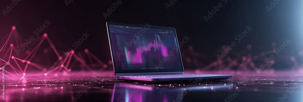 Poster high-tech laptop displaying digital data with futuristic neon background